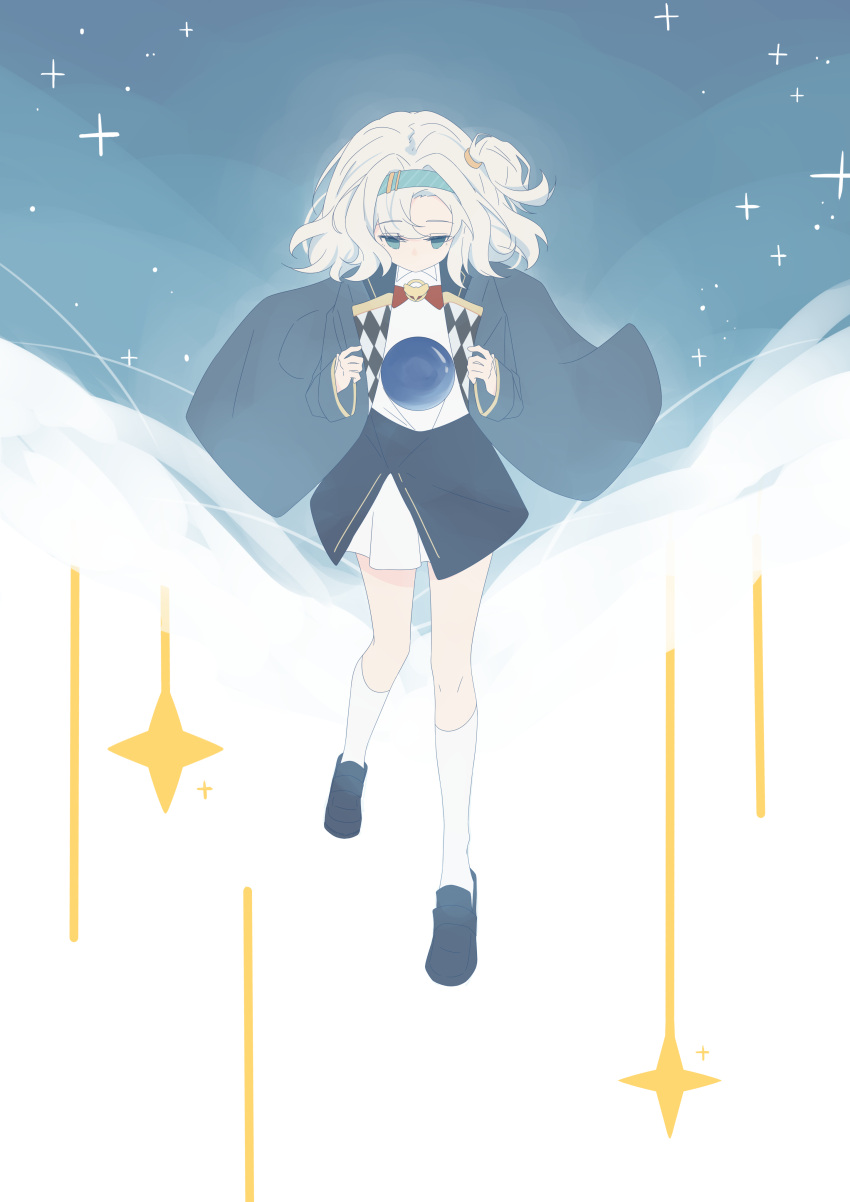 1girl, absurdres, black_footwear, blazer, blue_eyes, blue_hairband, blue_sky, bow