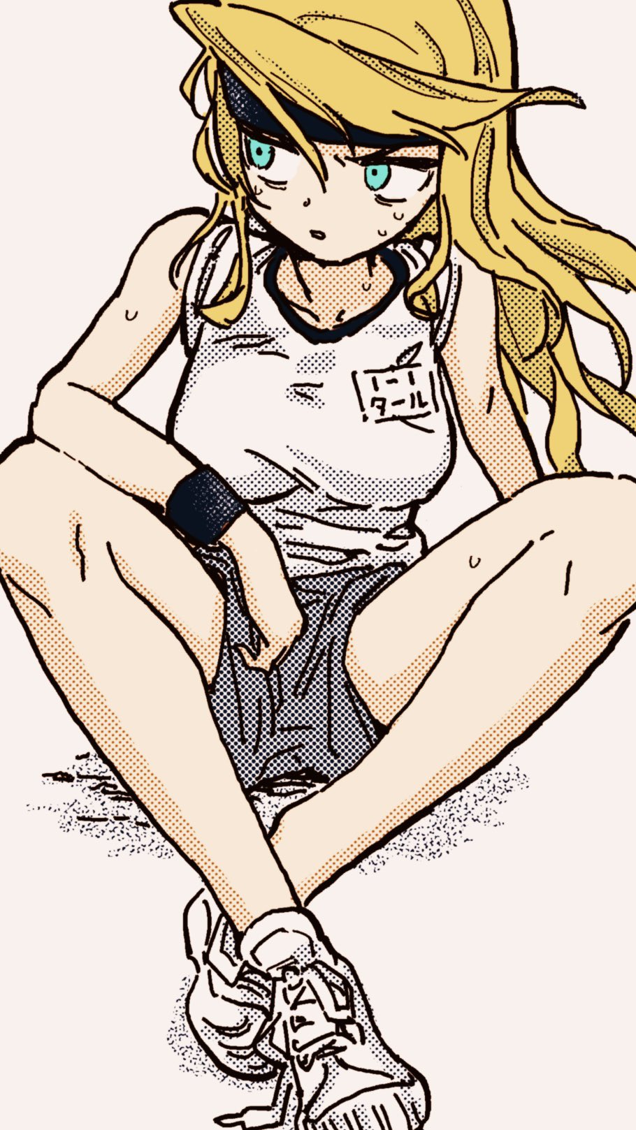 1girl, berit_(eisu), blonde_hair, blue_eyes, breasts, eisu_(eith), gym_shirt, gym_shorts