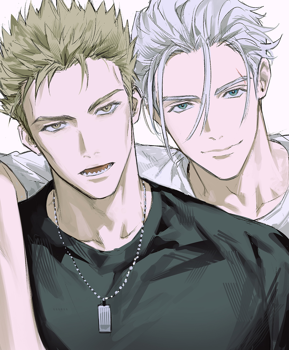 2boys, 77ho, aqua_eyes, black_shirt, highres, jewelry, multiple_boys, necklace, open_mouth, sharp_teeth, shirt, short_hair, smile, spiky_hair, teeth, touma_hiragi, umemiya_hajime, upper_body, white_background, white_hair, white_shirt, wind_breaker_(nii_satoru), yellow_eyes