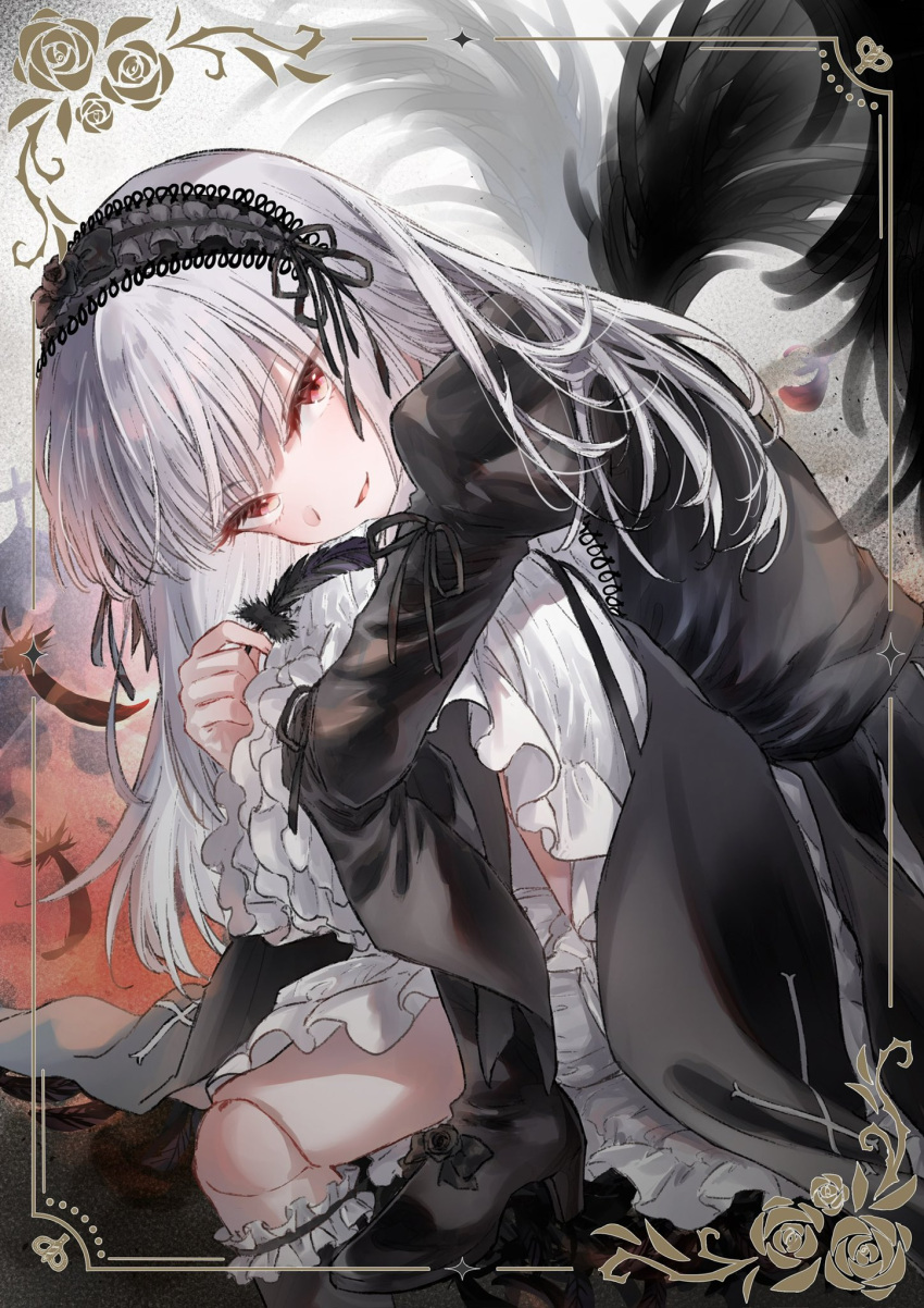 1girl, black_dress, black_footwear, black_hairband, black_wings, boots, commentary, doll_joints