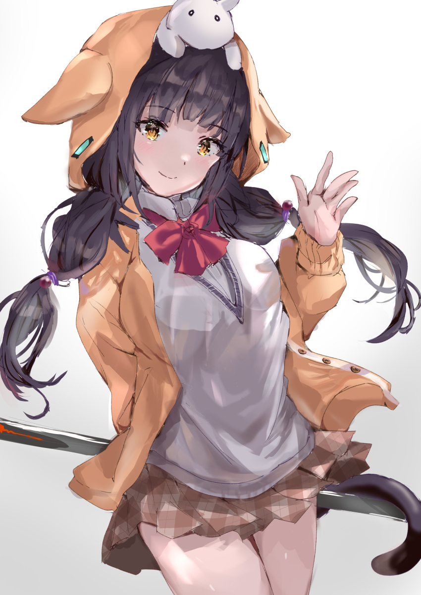 1girl, absurdres, animal_ear_hood, animal_ears, animal_on_head, arms_behind_back, asakura_karen_(heaven_burns_red), black_hair, blunt_bangs, blush, bow, brown_skirt, cardigan, cat, cat_ears, cat_on_head, cat_tail, closed_mouth, commentary_request, cowboy_shot, floating_hair, grey_sweater_vest, hand_up, happy, heaven_burns_red, highres, hood, hood_up, looking_at_viewer, low_twintails, miniskirt, no53_(pixiv_77486930), on_head, orange_cardigan, orange_eyes, plaid_clothes, plaid_skirt, pleated_skirt, red_bow, school_uniform, simple_background, sketch, skirt, sleeves_past_wrists, smile, solo, sweater_vest, tail, tsurime, twintails, waving, white_background, white_cat