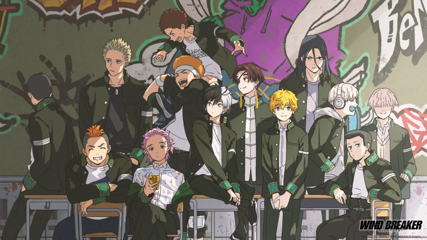 6+boys, absurdres, black_hair, black_shirt, blonde_hair, brown_hair, cellphone, chair, character_request, chinese_clothes, classroom, closed_eyes, desk, earrings, eyepatch, graffiti, headband, headphones, highres, indoors, jacket, jewelry, kaji_ren, kiryuu_mitsuki, multicolored_hair, multiple_boys, necklace, nirei_akihiko, official_art, open_clothes, open_jacket, open_mouth, orange_hair, phone, pink_eyes, popped_collar, sakura_haruka_(wind_breaker), school_chair, school_desk, school_uniform, shirt, short_hair, smartphone, smile, spiky_hair, split-color_hair, sugishita_kyoutarou, suo_hayato, tassel, tassel_earrings, teeth, touma_hiragi, white_hair, white_shirt, wind_breaker_(nii_satoru), yawning