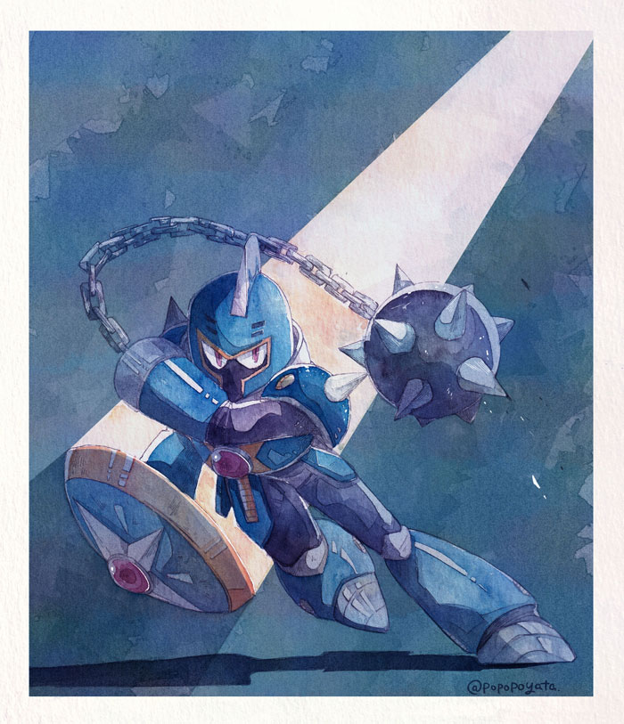 1boy, armor, armored_boots, ball_and_chain_(weapon), blue_armor, blue_helmet, boots, buckler, chain, chest_jewel, gem, helmet, holding, holding_shield, knight_man, light_rays, looking_at_viewer, male_focus, mega_man_(classic), mega_man_(series), mega_man_6, mohawk, pauldrons, popopoyata, red_eyes, red_gemstone, robot, shield, shoulder_armor, shoulder_spikes, solo, spiked_ball_and_chain, spikes