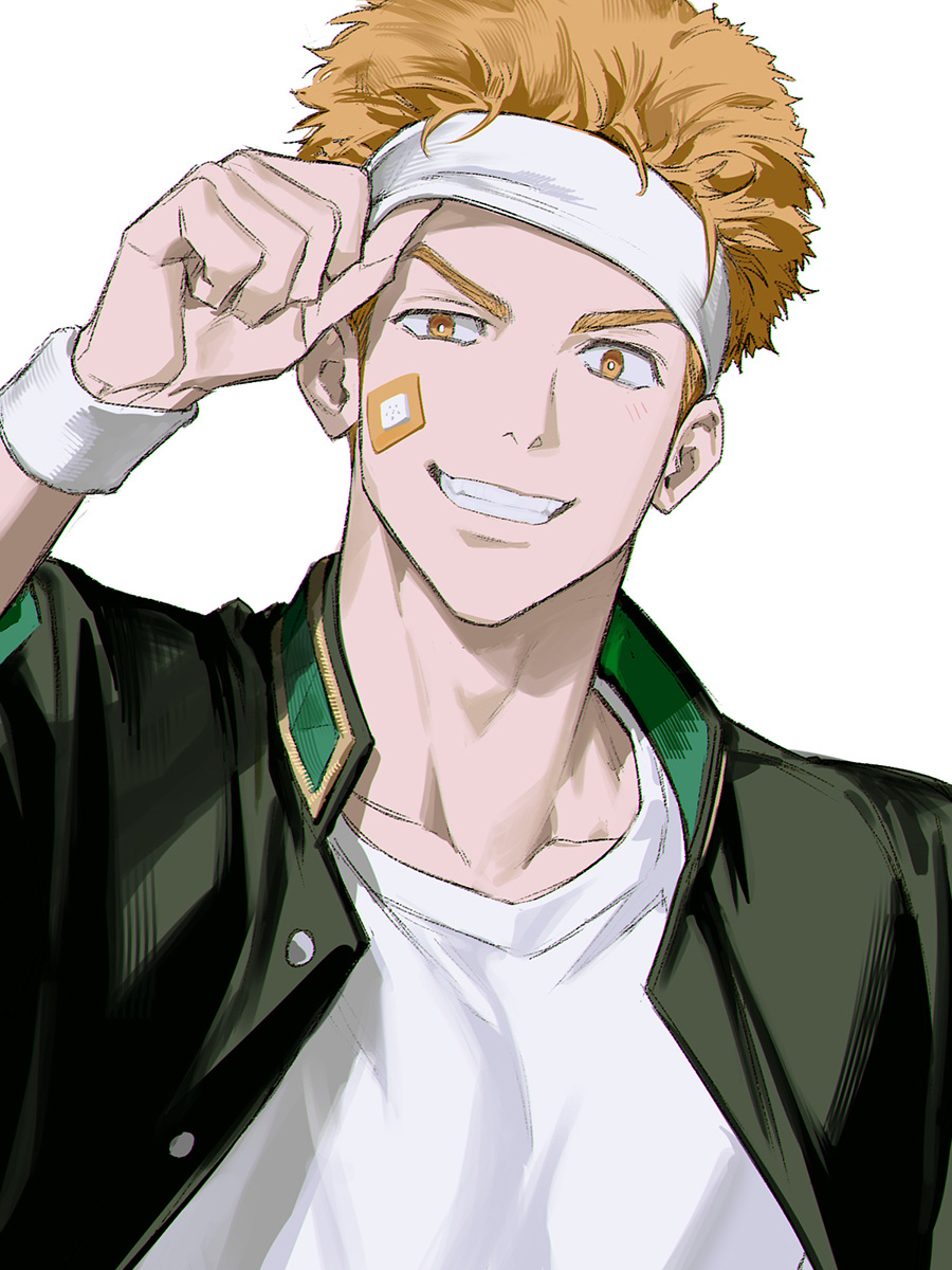1boy, 77ho, bandaid, bandaid_on_face, character_request, headband, highres, jacket