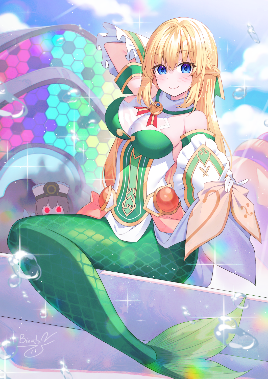 2girls, \m/, animification, arm_behind_head, bare_shoulders, binato_lulu, blanc_(neptunia), blonde_hair, blue_eyes, blush, breasts, choujigen_game_neptune, closed_mouth, commentary, commission, detached_sleeves, dress, english_commentary, eyelashes, eyes_visible_through_hair, full_body, gloves, hair_between_eyes, highres, large_breasts, long_hair, looking_at_viewer, mermaid, monster_girl, multiple_girls, neptune_(series), red_eyes, signature, sitting, skirt_hold, sleeveless, sleeveless_dress, smile, solo_focus, sparkle, split_mouth, tsurime, vert_(neptunia), water_drop, white_dress, white_gloves