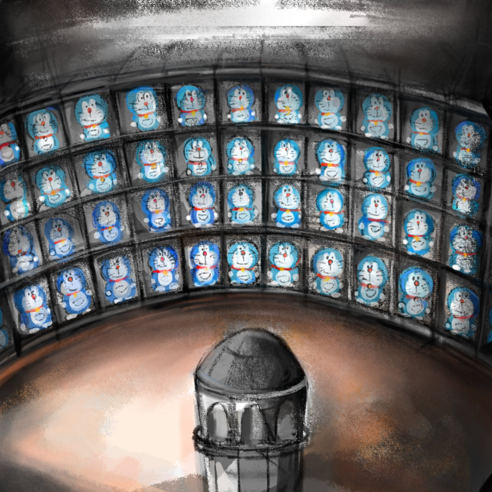 building, clone, collar, doraemon, doraemon_(character), indoors, mochizuki_tagosaku, no_humans, panopticon, prison, prison_cell, red_collar, red_nose, smile, watchtower, whiskers