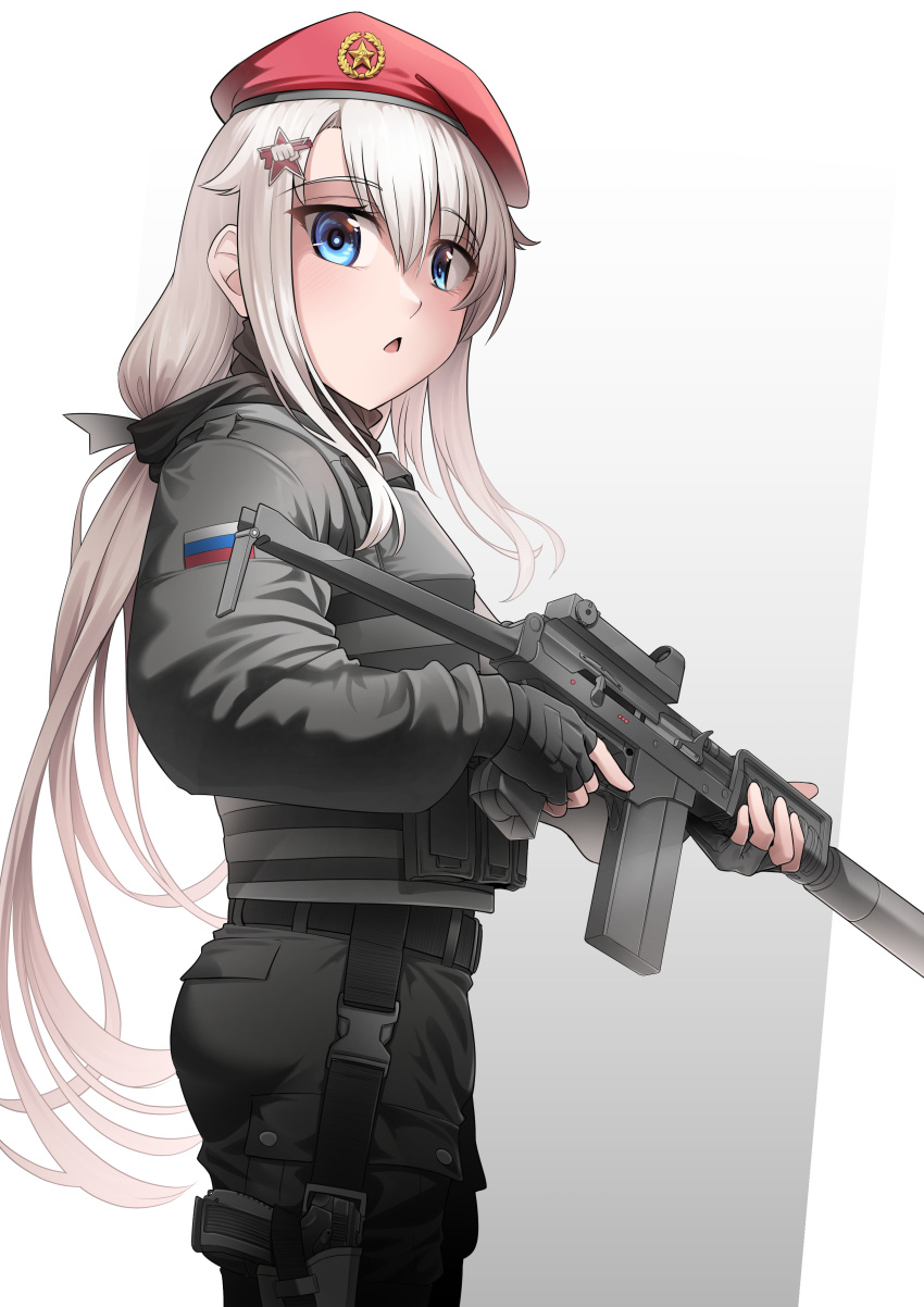 1girl, 9a-91, 9a-91_(girls'_frontline), absurdres, alternate_costume, assault_rifle, belt, beret