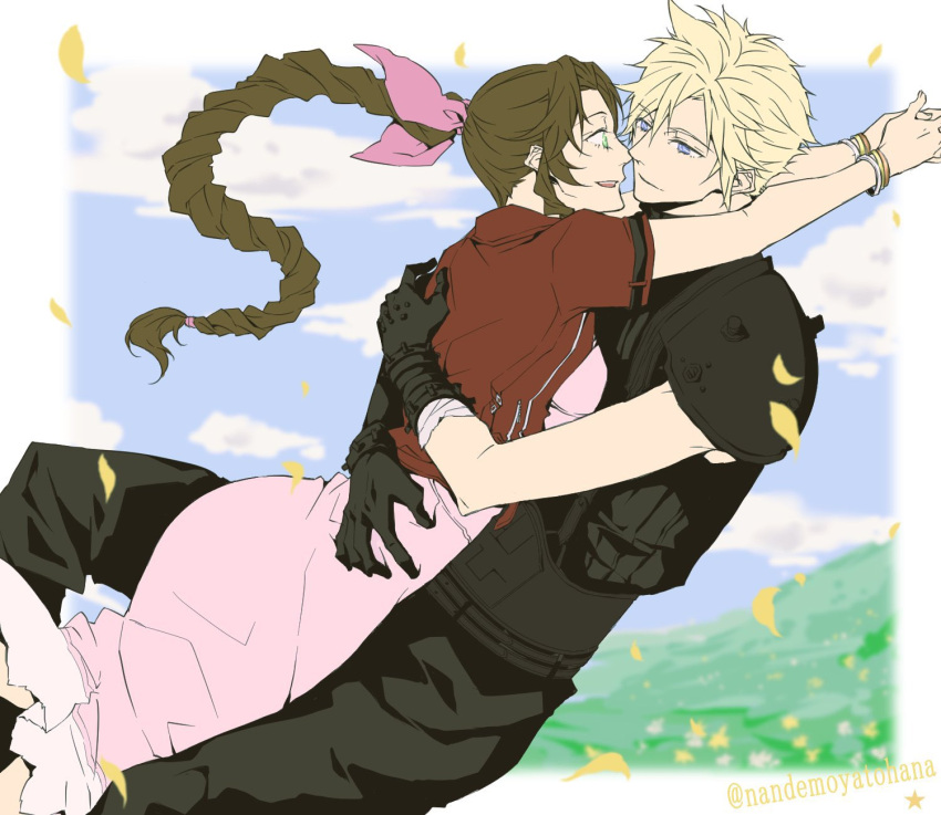 1boy, 1girl, aerith_gainsborough, akatsuki_jam, armor, arms_around_back, arms_around_neck, bandaged_arm