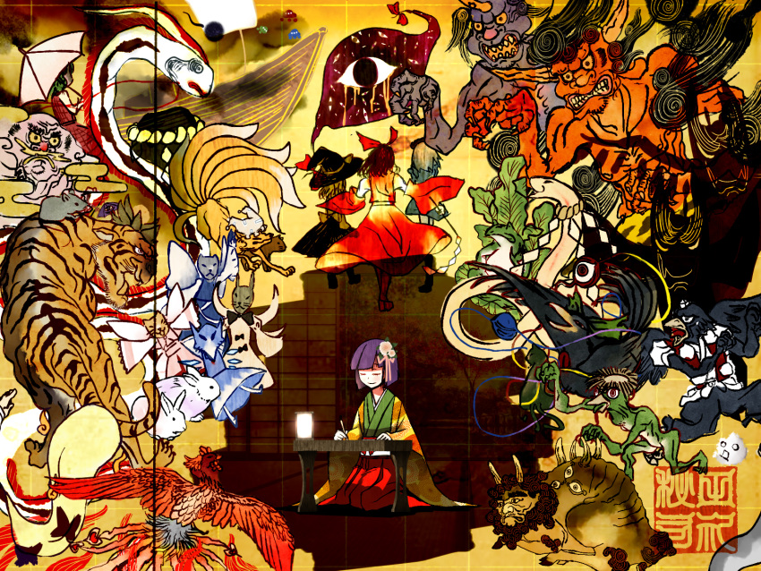 animalization, bird, blue_oni, bow, bunny, butterfly, chen, chen_(cat)