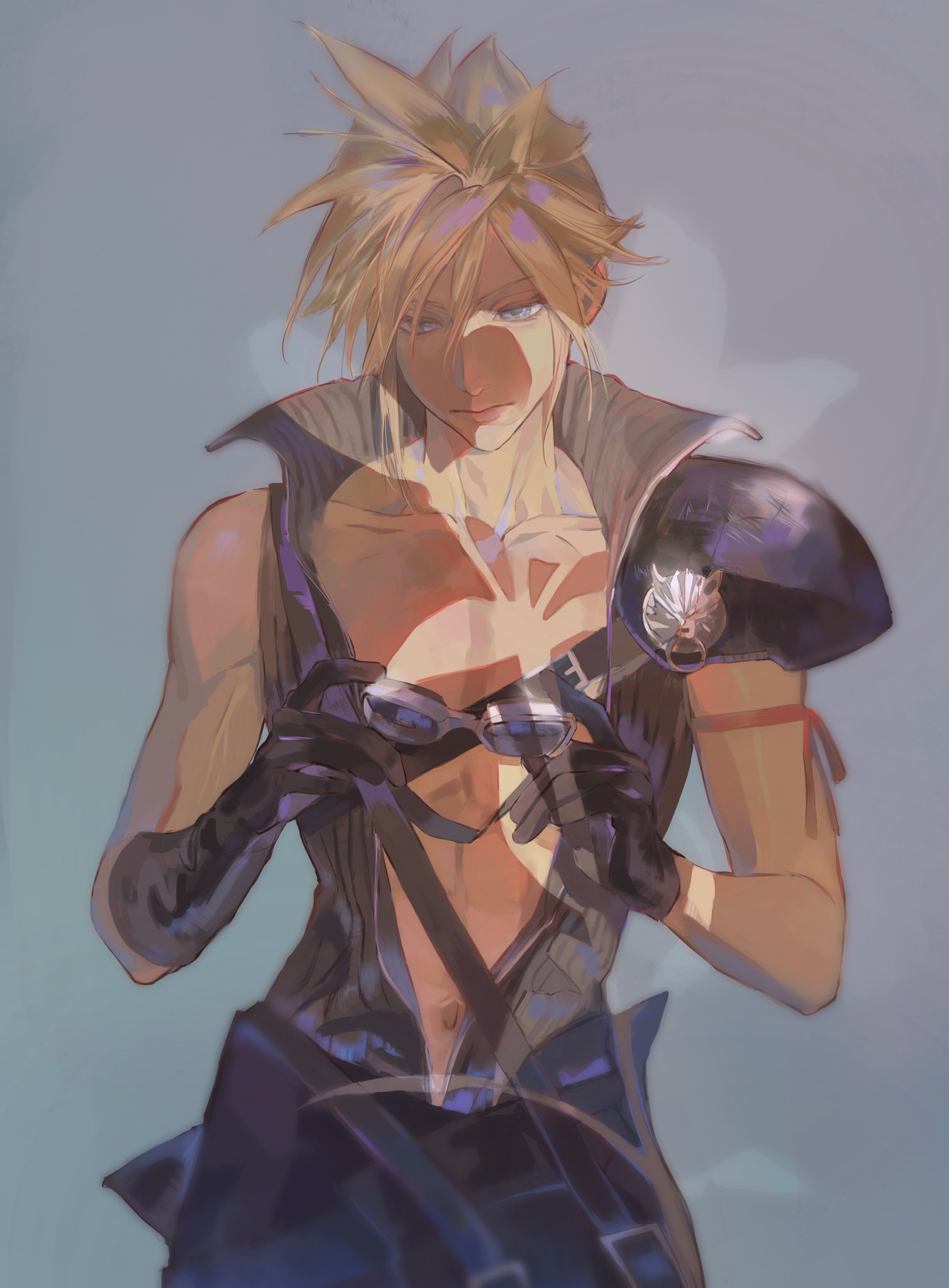 1boy, arm_up, armor, black_cape, black_gloves, black_vest, blonde_hair, blue_eyes, cape, chest_strap, closed_mouth, cloud_strife, fenrir_(final_fantasy), final_fantasy, final_fantasy_vii, final_fantasy_vii_advent_children, gloves, goggles, grey_background, hair_between_eyes, highres, holding, holding_goggles, male_focus, mmmylamb, open_clothes, open_vest, pink_ribbon, popped_collar, ribbon, short_hair, shoulder_armor, single_bare_shoulder, single_shoulder_pad, solo, spiky_hair, upper_body, vest, waist_cape