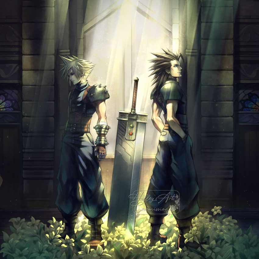 2boys, armor, baggy_pants, bandaged_arm, bandages, belt, black_hair, blonde_hair