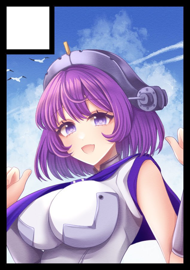 1girl, blue_sky, breasts, circle_cut, clouds, dress, headgear, kantai_collection