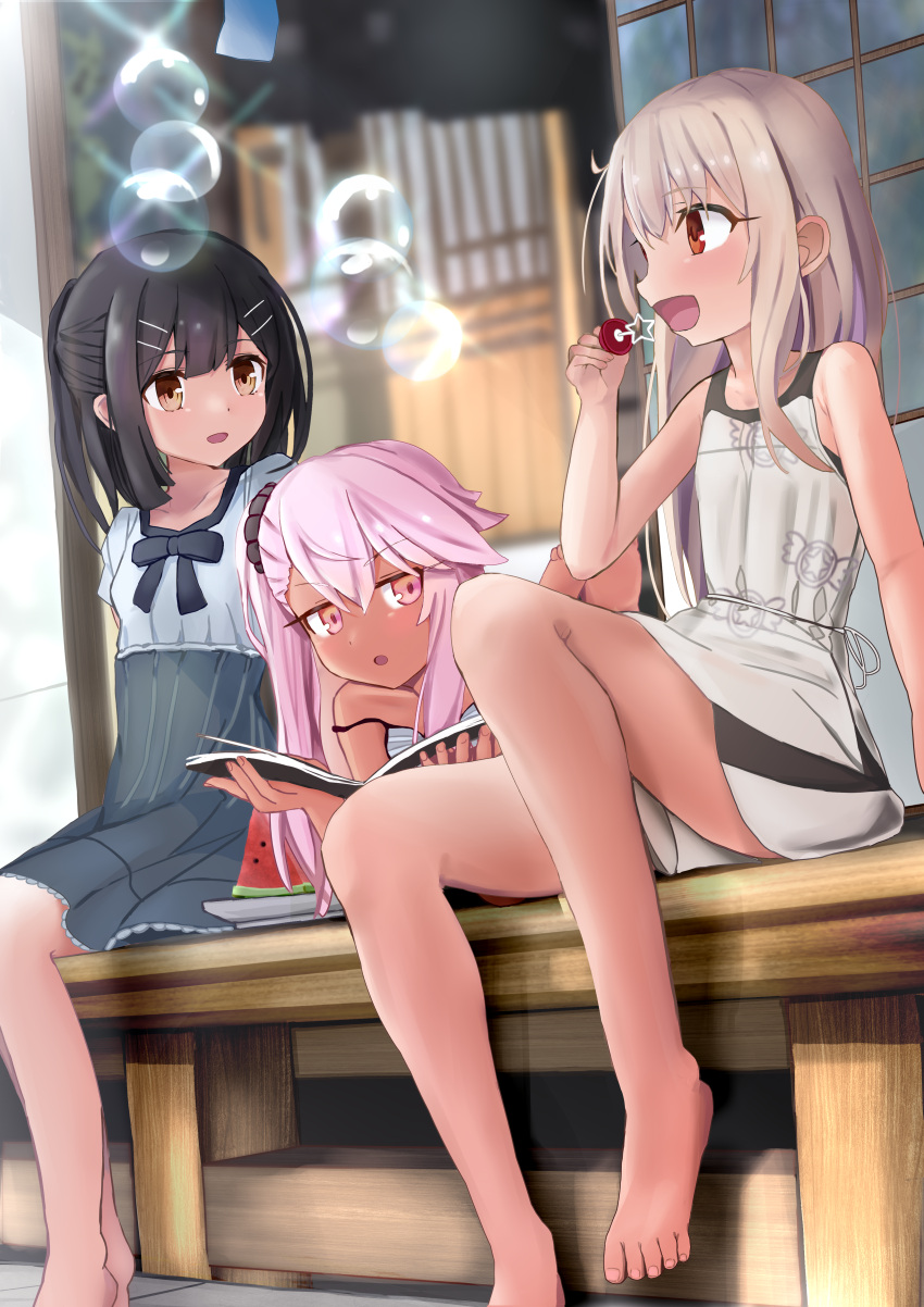 3girls, :d, :o, absurdres, bare_arms, bare_legs, barefoot, black_hair, black_scrunchie, blowing_bubbles, blue_dress, blunt_bangs, blunt_ends, blurry, blurry_background, blush, brown_eyes, chloe_von_einzbern, collarbone, commentary_request, commission, dark-skinned_female, dark_skin, day, dress, fate/kaleid_liner_prisma_illya, fate_(series), feet_out_of_frame, food, foot_out_of_frame, frown, fruit, glint, grey_hair, hair_between_eyes, hair_ornament, hair_scrunchie, half_updo, happy, highres, illyasviel_von_einzbern, jitome, kebab_(blackdoll), knee_up, long_hair, looking_at_another, lying, miyu_edelfelt, multiple_girls, on_stomach, open_mouth, outdoors, ponytail, profile, red_eyes, scrunchie, short_dress, short_sleeves, side_ponytail, sidelocks, sitting, sleeveless, sleeveless_dress, smile, soap_bubbles, strap_slip, the_pose, v-shaped_eyebrows, watermelon, watermelon_slice, white_dress