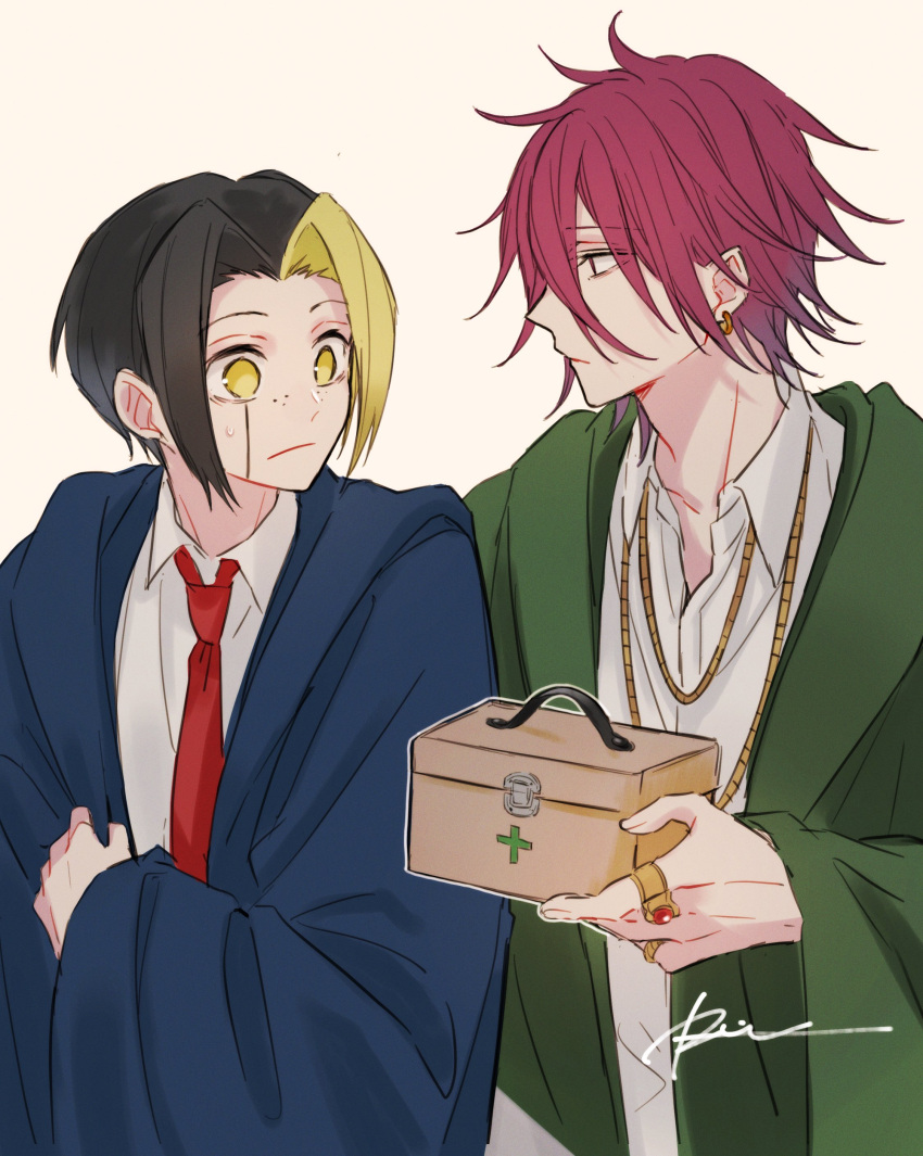 2boys, absurdres, black_hair, black_robe, carpaccio_luo-yang, collared_shirt, earrings, facial_mark, finn_ames, freckles, green_robe, highres, jewelry, long_sleeves, mashle, medicine_box, multicolored_hair, multiple_boys, necktie, r1kuuw, red_eyes, redhead, ring, robe, shirt, short_hair, spiky_hair, white_shirt, yellow_eyes