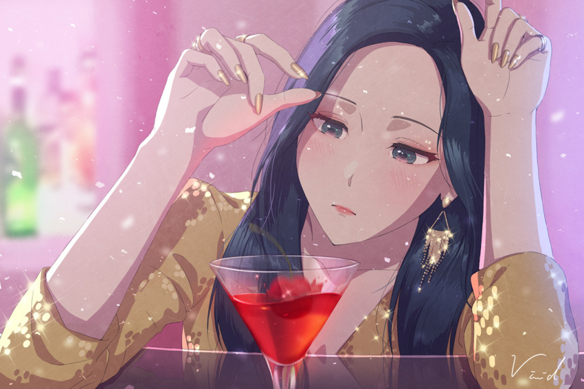 1girl, blue_hair, blurry, blurry_background, cherry, closed_mouth, earrings, english_commentary, food, fruit, gfriend, gold_dress, gold_nails, jewelry, k-pop, long_sleeves, pink_lips, real_life, signature, solo, sparkle, umji_(gfriend), vivid507