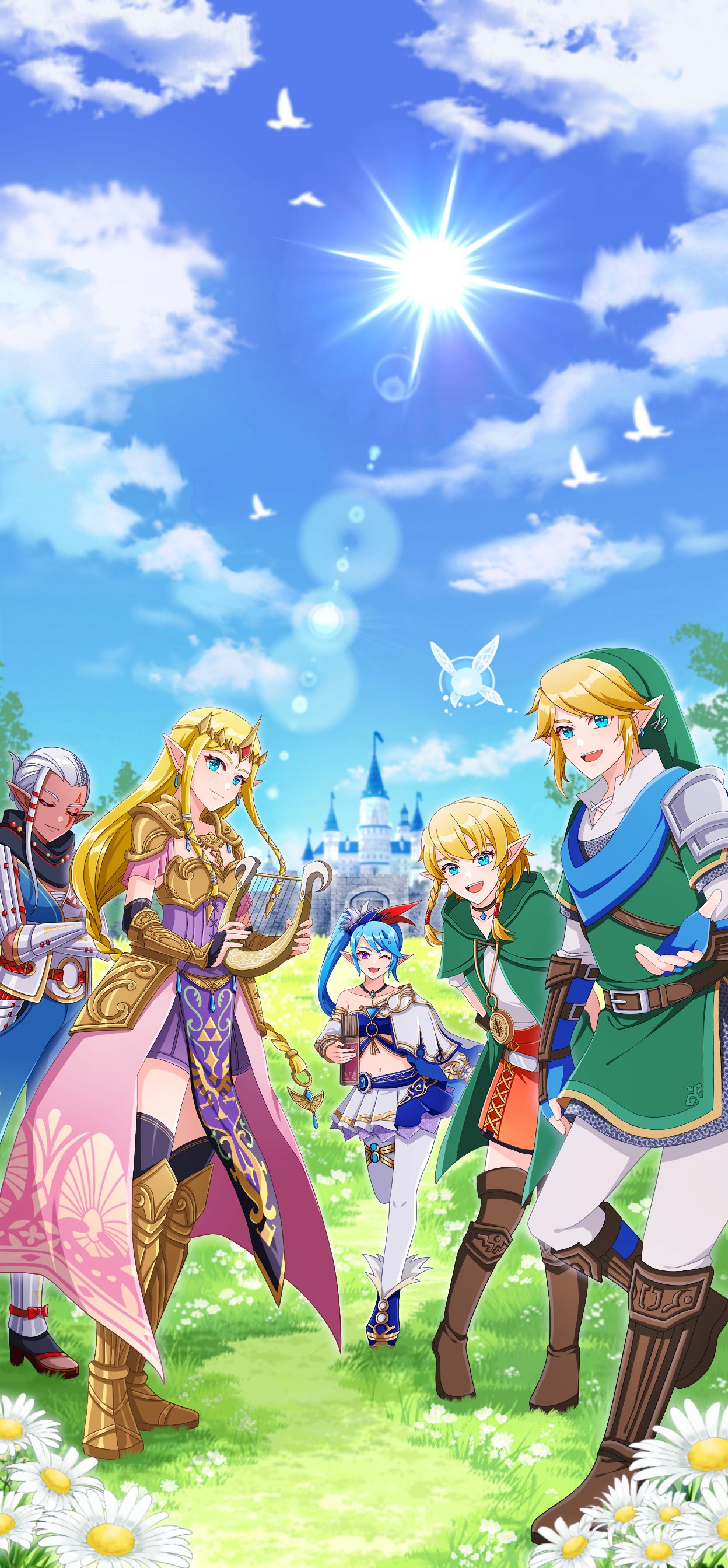 1boy, 1other, 4girls, absurdres, armor, blue_sky, book, braid, castle, crossed_arms, dark-skinned_female, dark_skin, fairy, fuwafuwallen, harp, highres, hyrule_warriors, impa, instrument, jewelry, lana_(hyrule_warriors), link, linkle, looking_at_viewer, multiple_girls, necklace, pointy_ears, princess_zelda, reaching, reaching_towards_viewer, scarf, side_ponytail, single_braid, sky, sun, the_legend_of_zelda, tiara, twin_braids, twintails