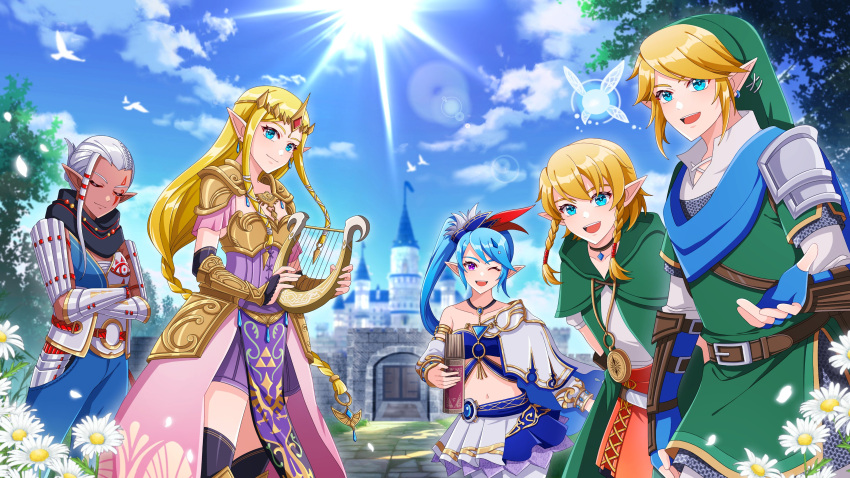 1boy, 1other, 4girls, absurdres, anniversary, armor, blue_sky, book, braid, castle, crossed_arms, dark-skinned_female, dark_skin, fairy, fuwafuwallen, harp, highres, hyrule_warriors, impa, instrument, jewelry, lana_(hyrule_warriors), link, linkle, looking_at_viewer, multiple_girls, necklace, pointy_ears, princess_zelda, reaching, reaching_towards_viewer, scarf, side_ponytail, single_braid, sky, sun, the_legend_of_zelda, tiara, twin_braids, twintails