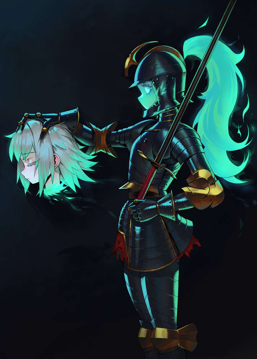 1girl, absurdres, aqua_eyes, aqua_hair, aqua_skin, armor, closed_eyes, couter
