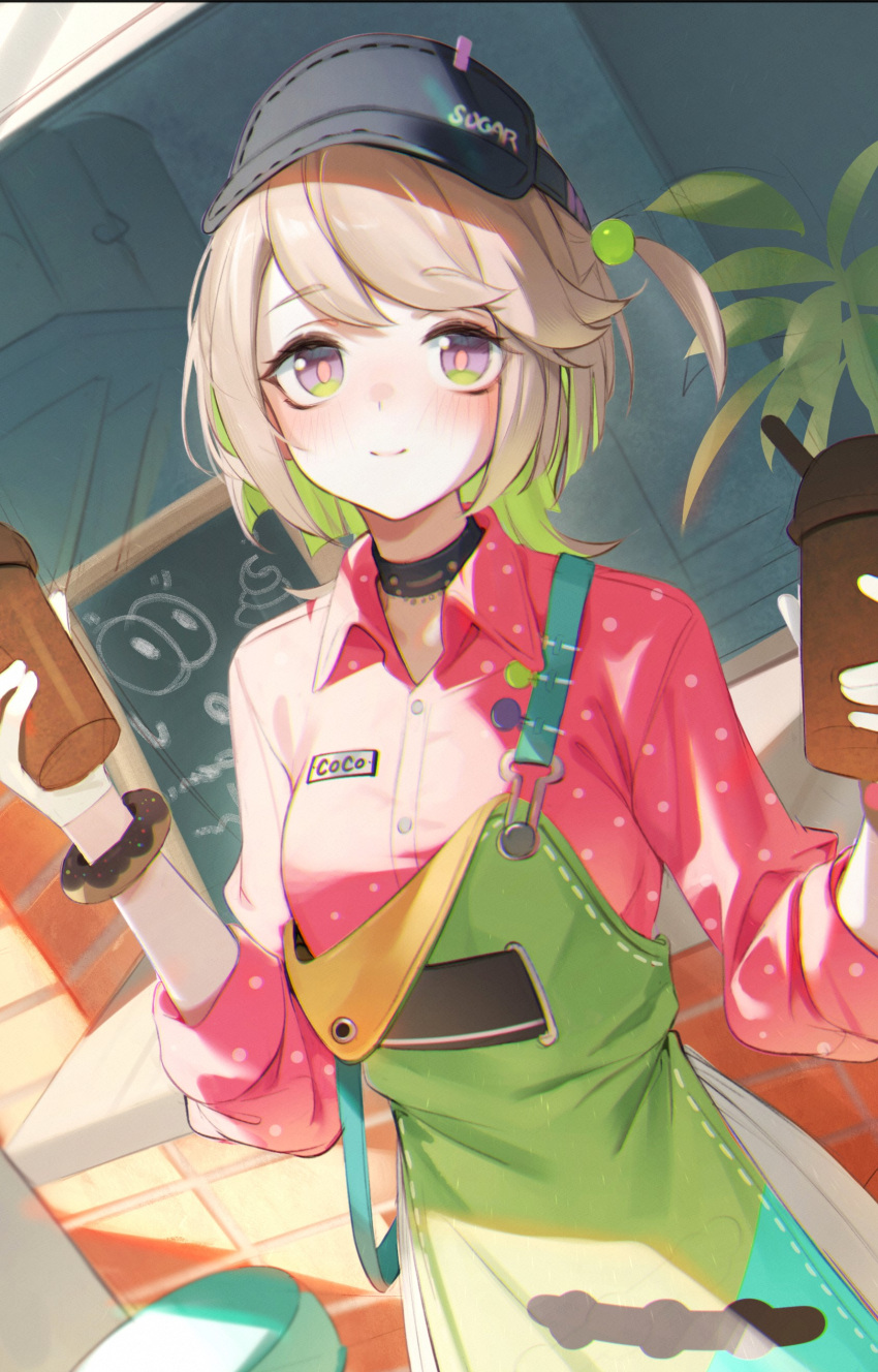 1girl, absurdres, apron, black_choker, black_hat, blonde_hair, blush, bright_pupils
