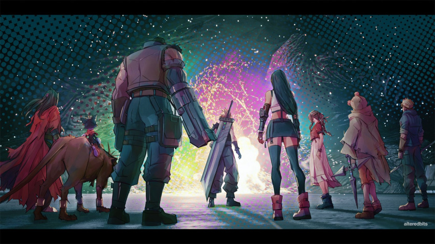 3girls, 5boys, aerith_gainsborough, alteredbits, animal_ears, animal_hood, artist_name, baggy_pants