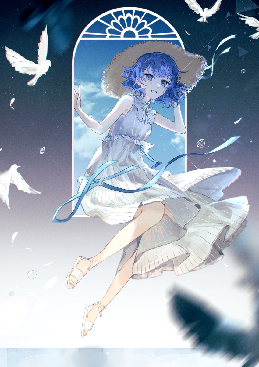 1girl, bare_arms, bird, blue_hair, blue_sky, blurry, colorful_festival_(project_sekai), commentary