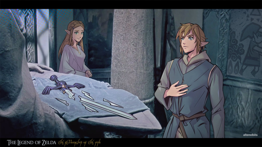 1boy, 1girl, alteredbits, blue_eyes, blue_tunic, braid, breasts, broken
