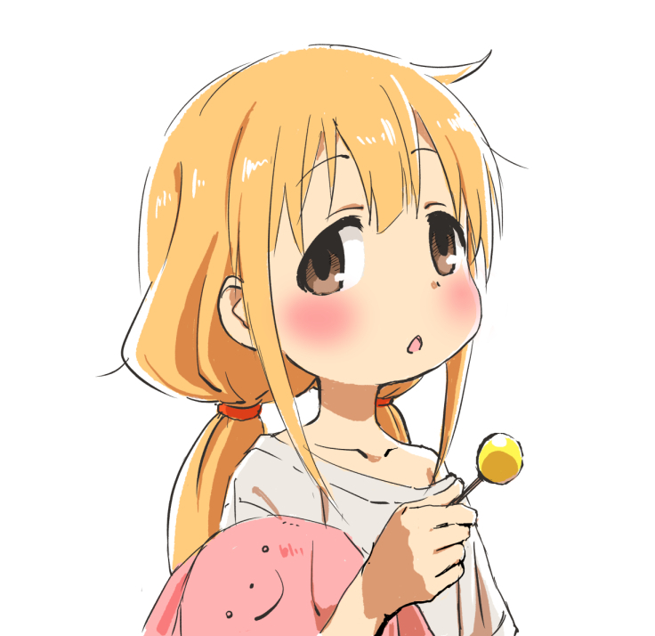 1girl, blonde_hair, brown_eyes, candy, food, futaba_anzu, holding, holding_candy