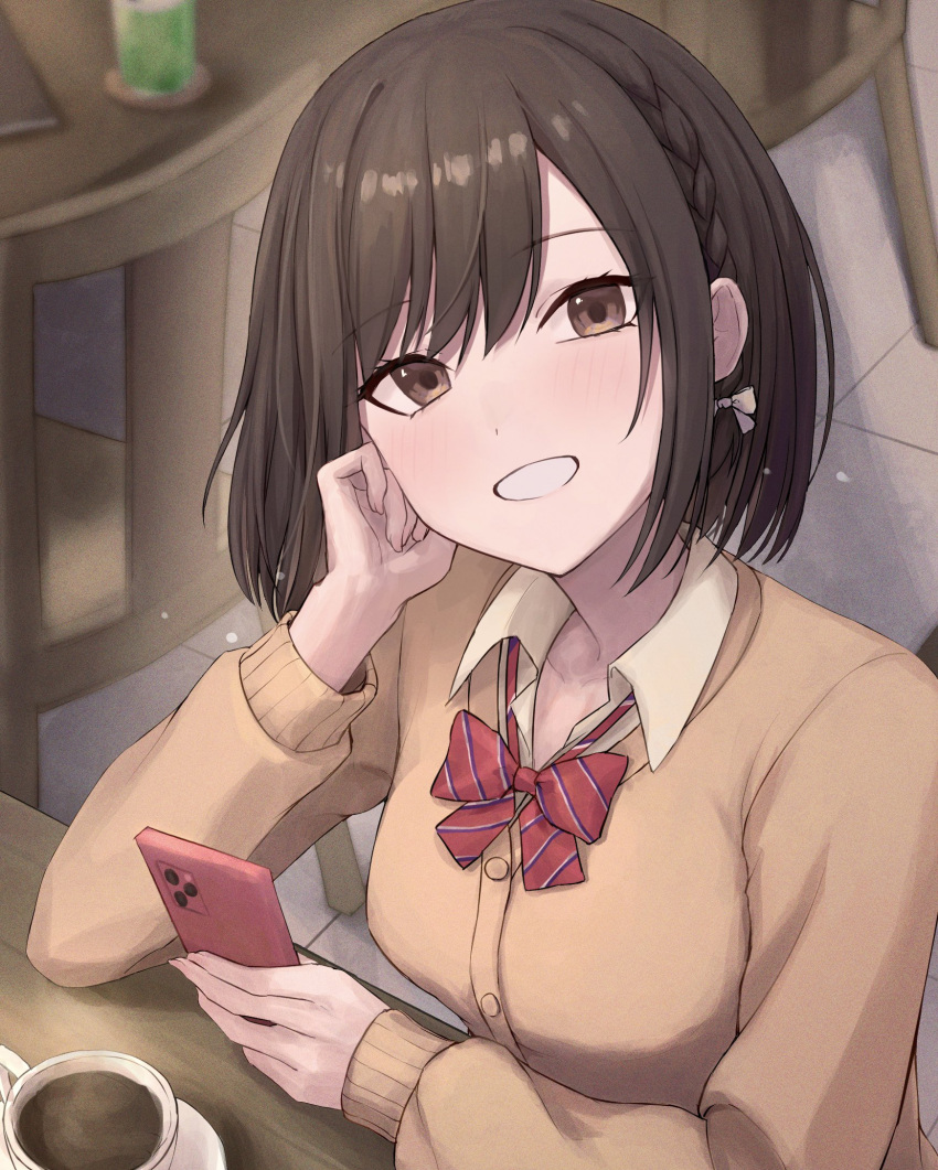 1girl, bow, braid, brown_eyes, brown_hair, coffee, highres, holding