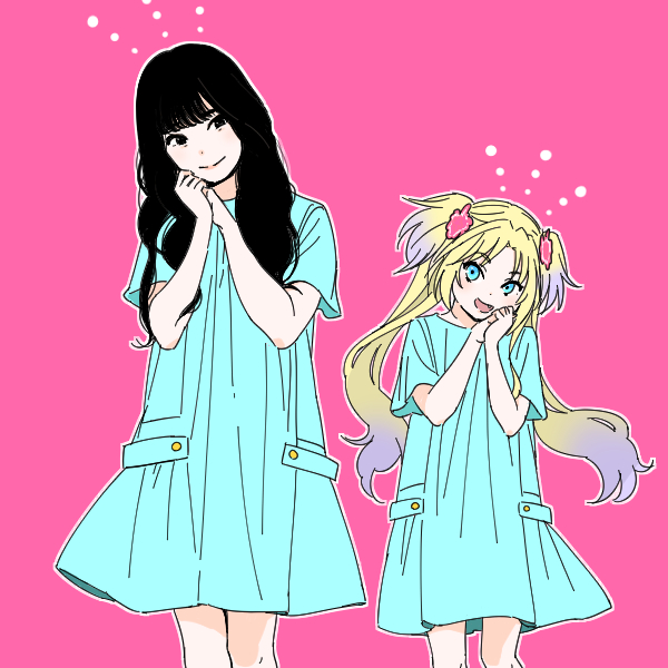 2girls, :d, animification, black_eyes, black_hair, blonde_hair, blue_dress, blue_eyes