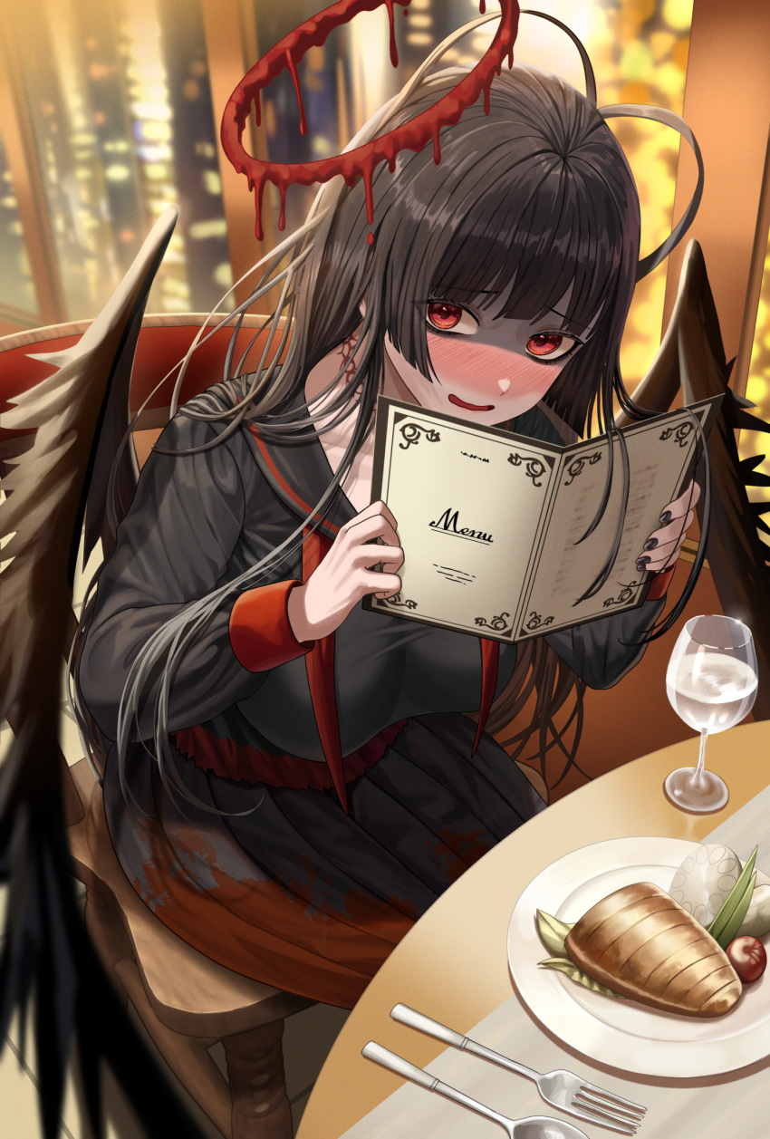 1girl, antenna_hair, bags_under_eyes, black_hair, black_sailor_collar, black_serafuku, black_shirt, black_skirt