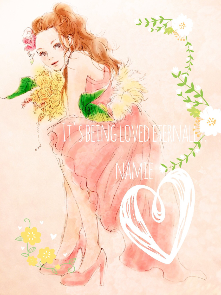 1girl, artist_name_(singer), bouquet, brown_hair, closed_mouth, commentary_request, dress, english_text, flower, half_updo, heart, high_heels, highres, holding, holding_bouquet, invisible_chair, jack_tune37, light_smile, looking_at_viewer, namie_amuro, pink_flower, pink_footwear, pink_rose, real_life, rose, sitting, sleeveless, sleeveless_dress, solo