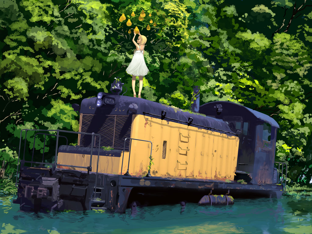 1girl, barefoot, blonde_hair, dress, food, forest, fruit, holding