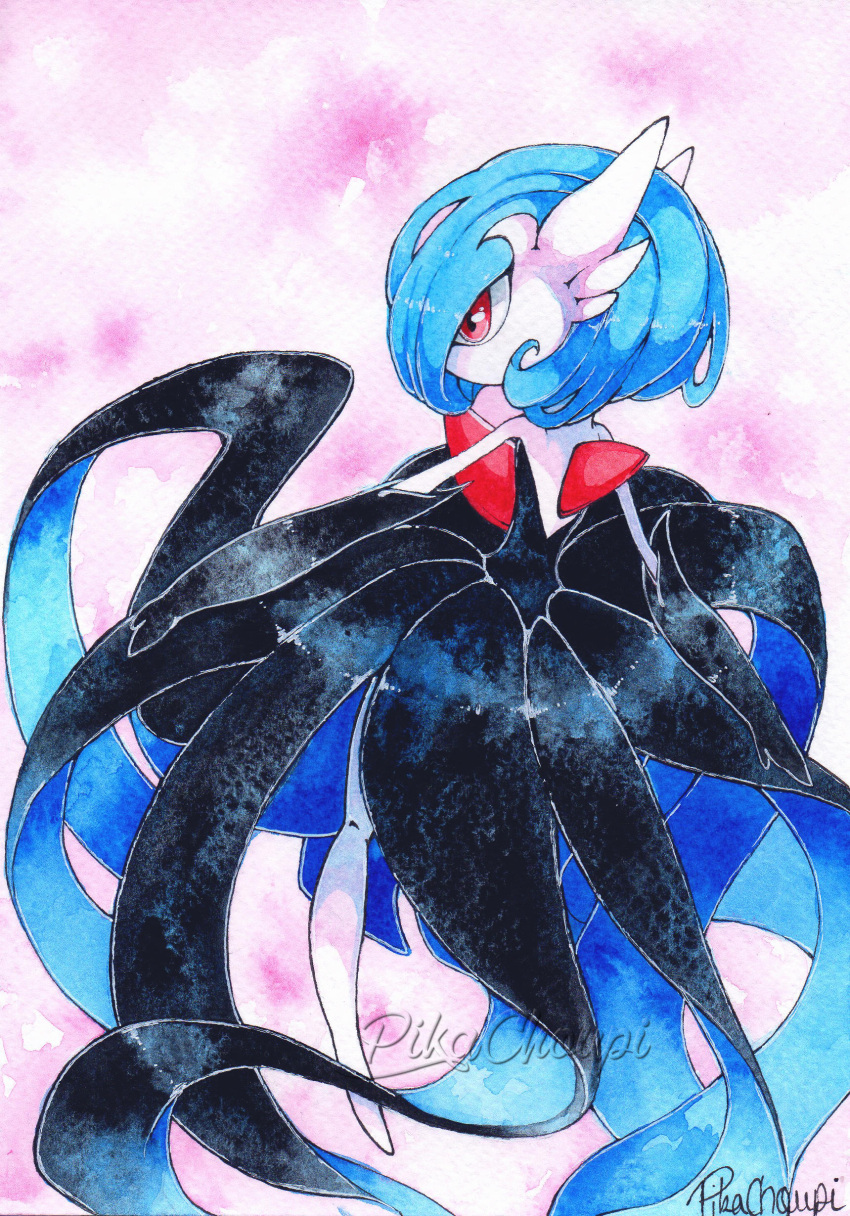 absurdres, alternate_color, artist_name, black_dress, black_gloves, blue_hair, bob_cut, colored_skin