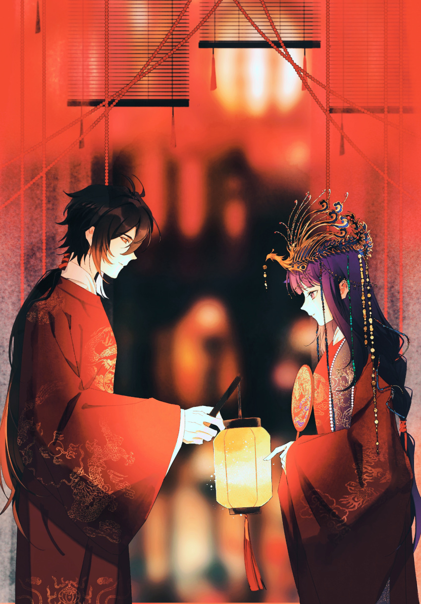 1boy, 1girl, antenna_hair, blunt_bangs, blurry, blurry_background, braid, brown_hair