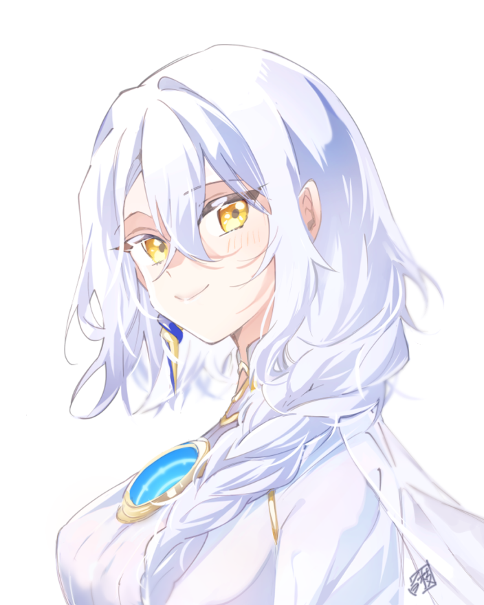 1girl, blush, braid, braided_ponytail, closed_mouth, commentary_request, dress, earrings, eos_(neural_cloud), from_side, girls'_frontline_neural_cloud, girls_frontline, hole_in_chest, hole_on_body, jewelry, long_hair, looking_at_viewer, portrait, shiraeda, simple_background, single_earring, smile, solo, upper_body, white_background, white_dress, white_hair, yellow_eyes