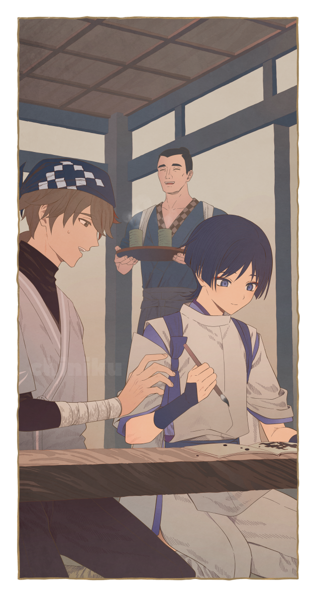 3boys, armor, bandaged_arm, bandages, belt, black_hair, black_head_scarf, black_pants, black_sweater, blue_belt, blue_eyes, blue_hair, blue_shirt, blunt_ends, book, bow, brown_eyes, brown_hair, calligraphy_brush, chinikuniku, closed_eyes, closed_mouth, commentary_request, cup, dark_blue_hair, detached_sleeves, eyeshadow, fingernails, genshin_impact, grey_shirt, hair_between_eyes, hair_bun, hand_up, head_scarf, highres, holding, holding_calligraphy_brush, holding_paintbrush, holding_tray, indoors, japanese_armor, japanese_clothes, katsuragi_(genshin_impact), kote, kurokote, layered_sleeves, long_sleeves, looking_at_another, looking_down, low_ponytail, makeup, male_focus, multicolored_hair, multiple_boys, niwa_(genshin_impact), official_alternate_costume, open_book, open_mouth, paintbrush, pants, ponytail, purple_bow, purple_shirt, red_eyeshadow, redhead, scaramouche_(genshin_impact), scaramouche_(kabukimono)_(genshin_impact), seiza, shirt, short_hair, short_over_long_sleeves, short_ponytail, short_sleeves, sitting, smile, standing, steam, streaked_hair, sweatdrop, sweater, table, teeth, tray, turtleneck, turtleneck_sweater, vest, white_pants, white_vest, yunomi