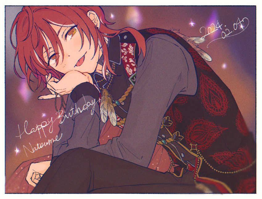 1boy, :3, :p, arm_on_own_leg, arm_support, bead_necklace, beads, bishounen