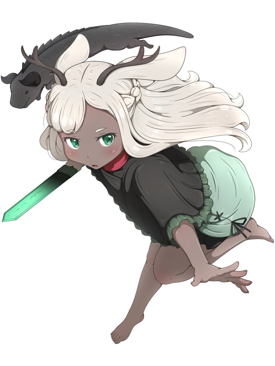 1girl, ancient_rabbit, animal_ears, antlers, barefoot, black_capelet, blush, brown_horns