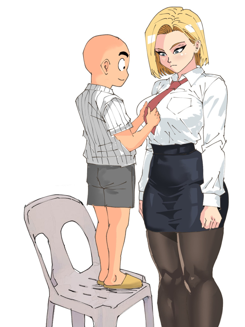 1boy, 1girl, android_18, bald, black_pantyhose, black_skirt, blonde_hair, blue_eyes
