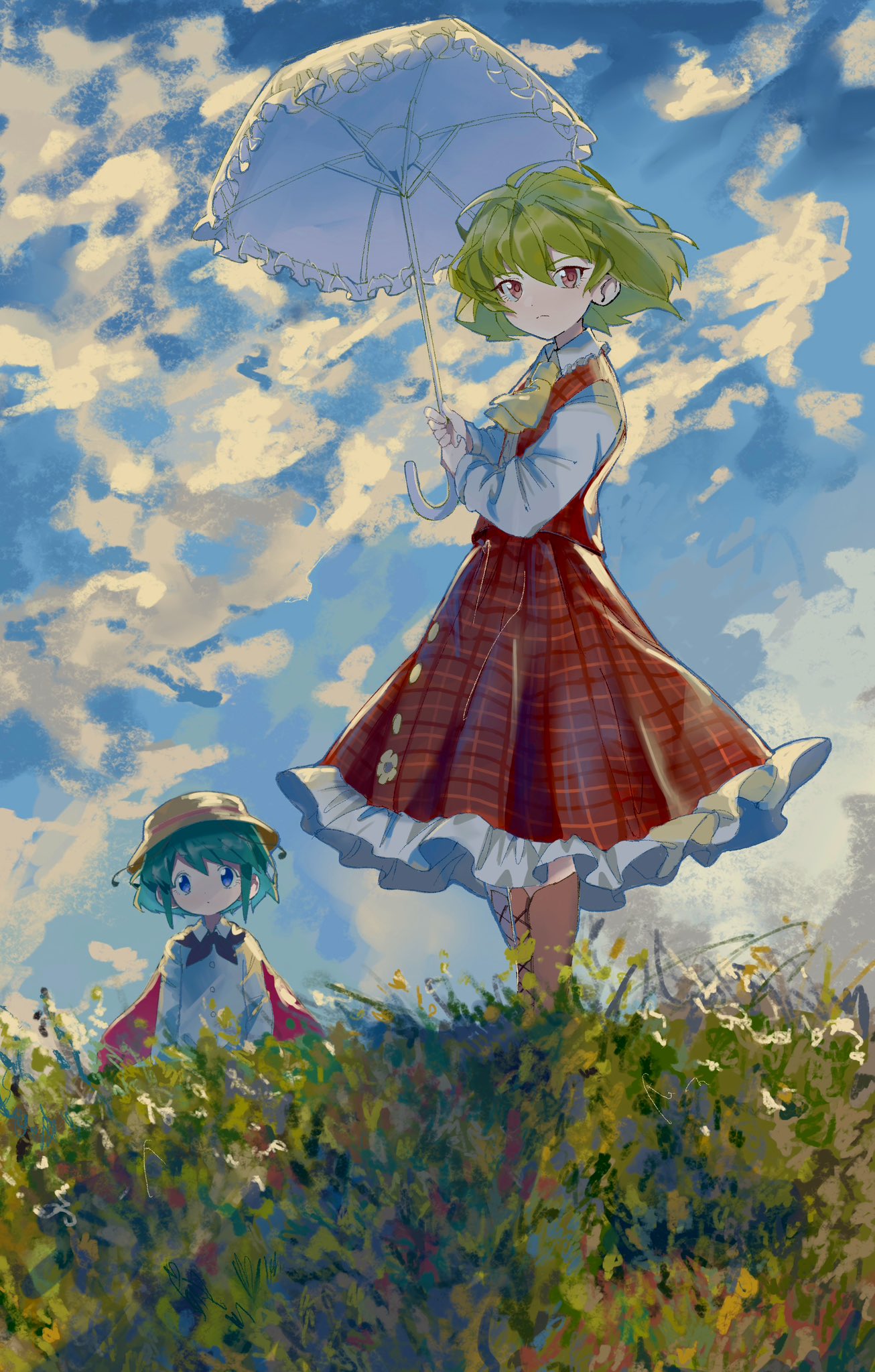2girls, an9vj, antennae, ascot, blue_eyes, blue_sky, bucket_hat, cape