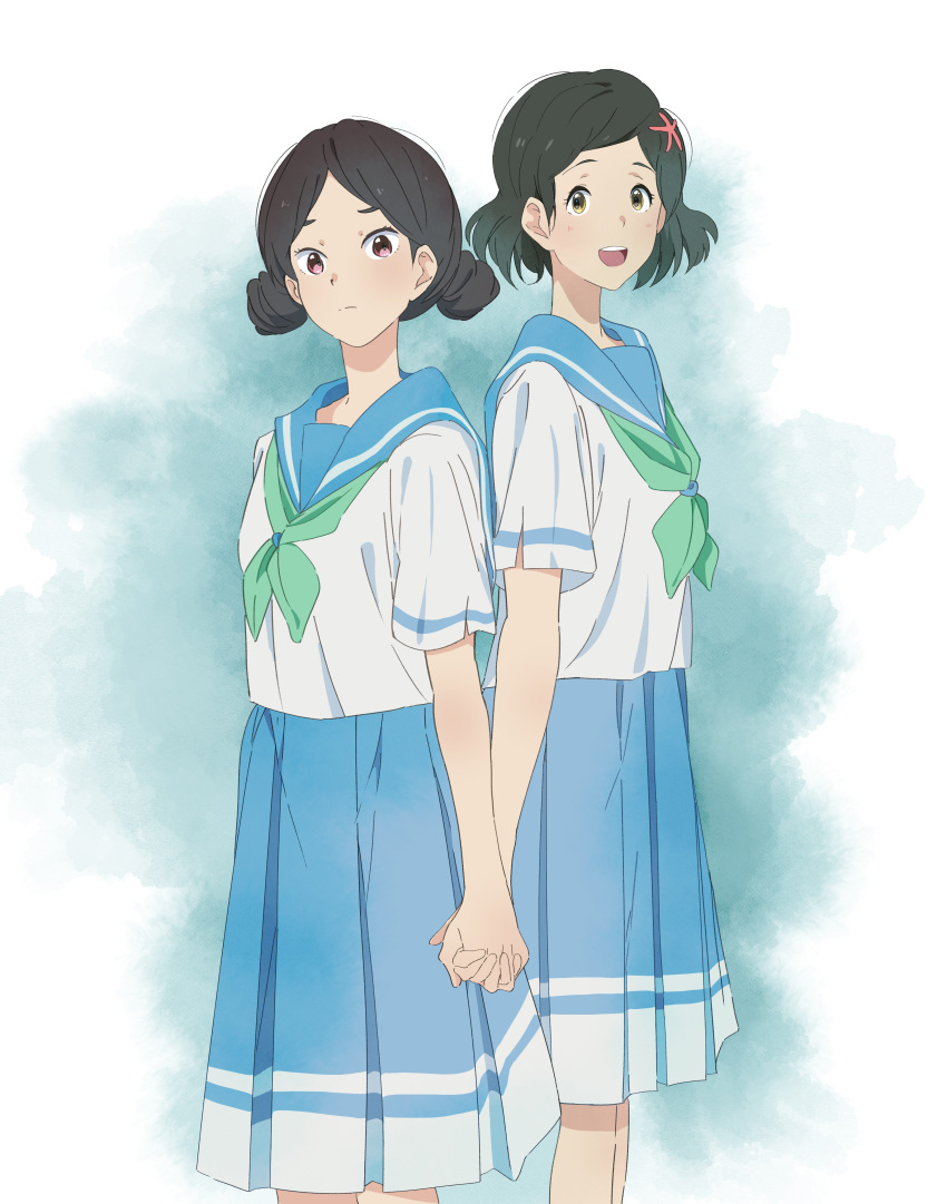 2girls, absurdres, back-to-back, black_hair, braid, hair_ornament, happy, hibike!_euphonium