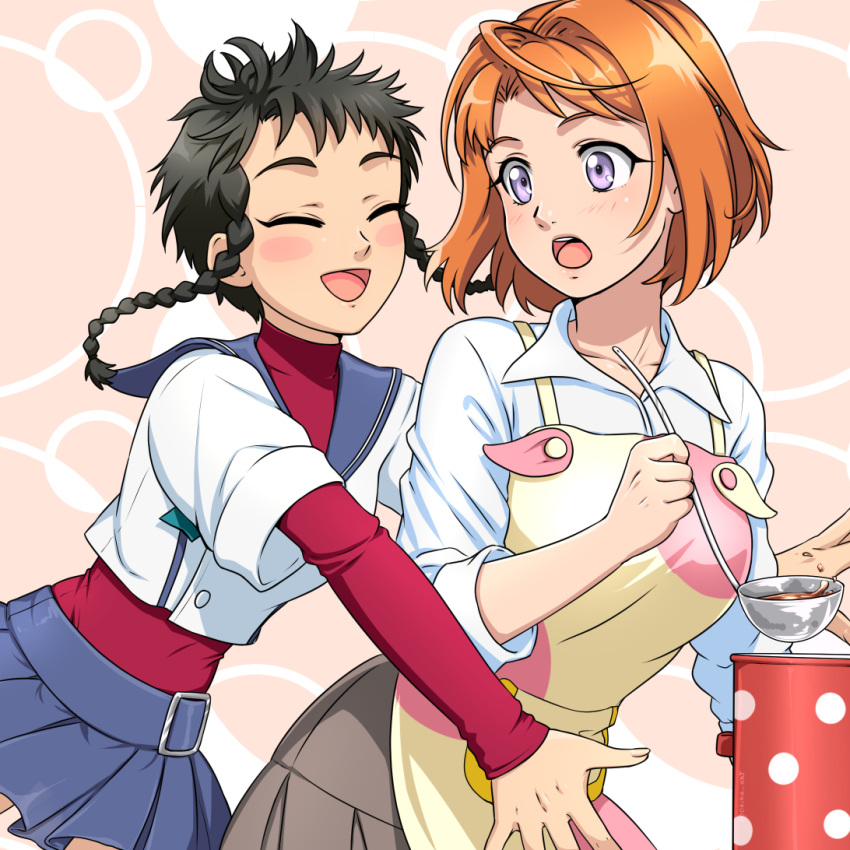 2girls, apron, black_hair, blush, braid, closed_eyes, collarbone, cooking_pot