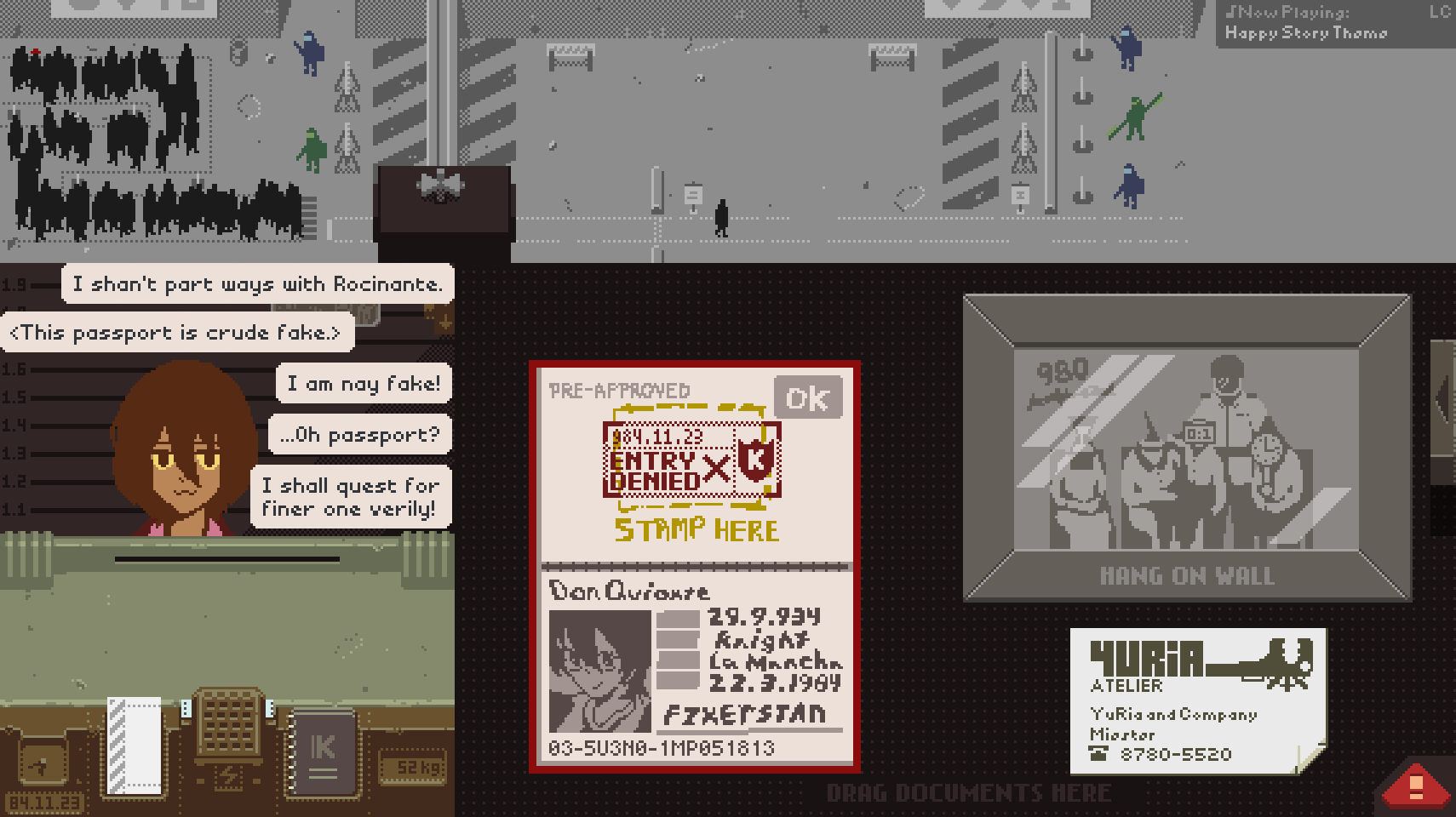 1girl, :3, don_quixote_(project_moon), fake_screenshot, gameplay_mechanics, half-closed_eyes, highres, limbus_company, medium_hair, papers_please, passport, picture_frame, project_moon, redm0e, road
