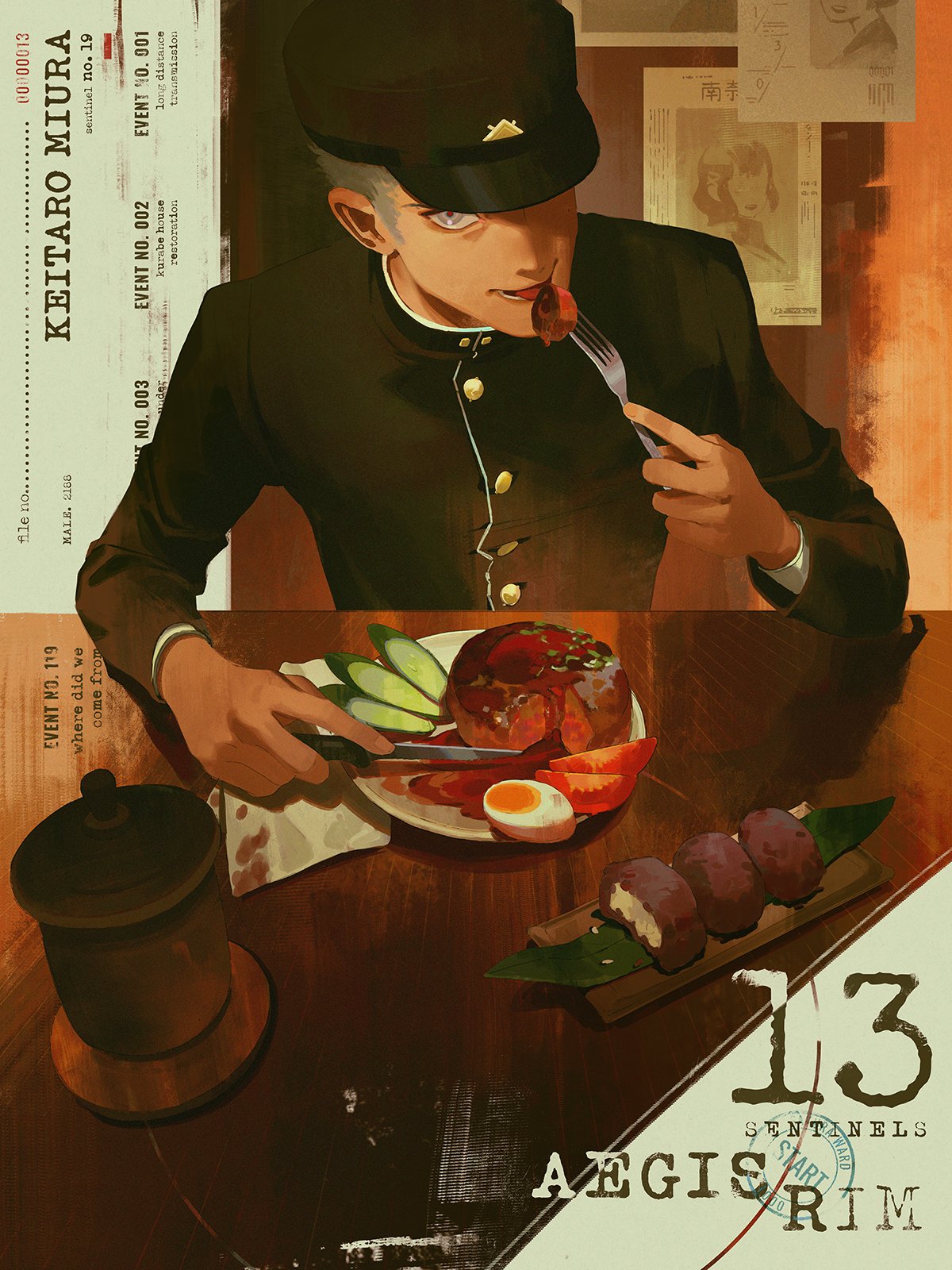 1boy, black_hat, black_jacket, cucumber, cucumber_slice, egg_(food), food, fork