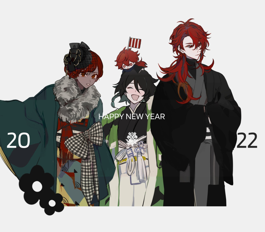 1girl, 2022, 2boys, 7wata_himori, alternate_costume, black_flower, black_jacket, braid