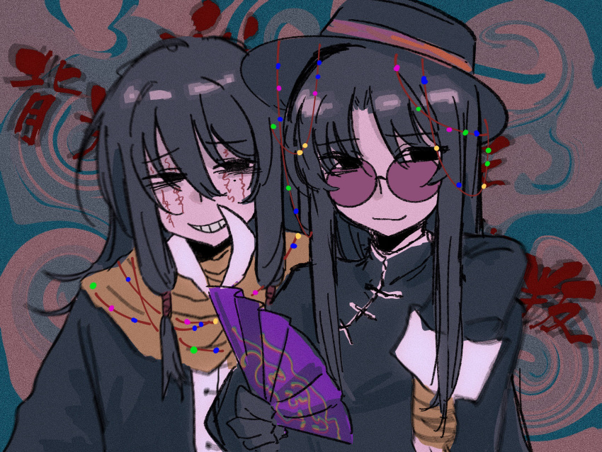 2boys, arm_around_shoulder, beads, black_eyes, black_gloves, black_hair, black_hat, black_shirt