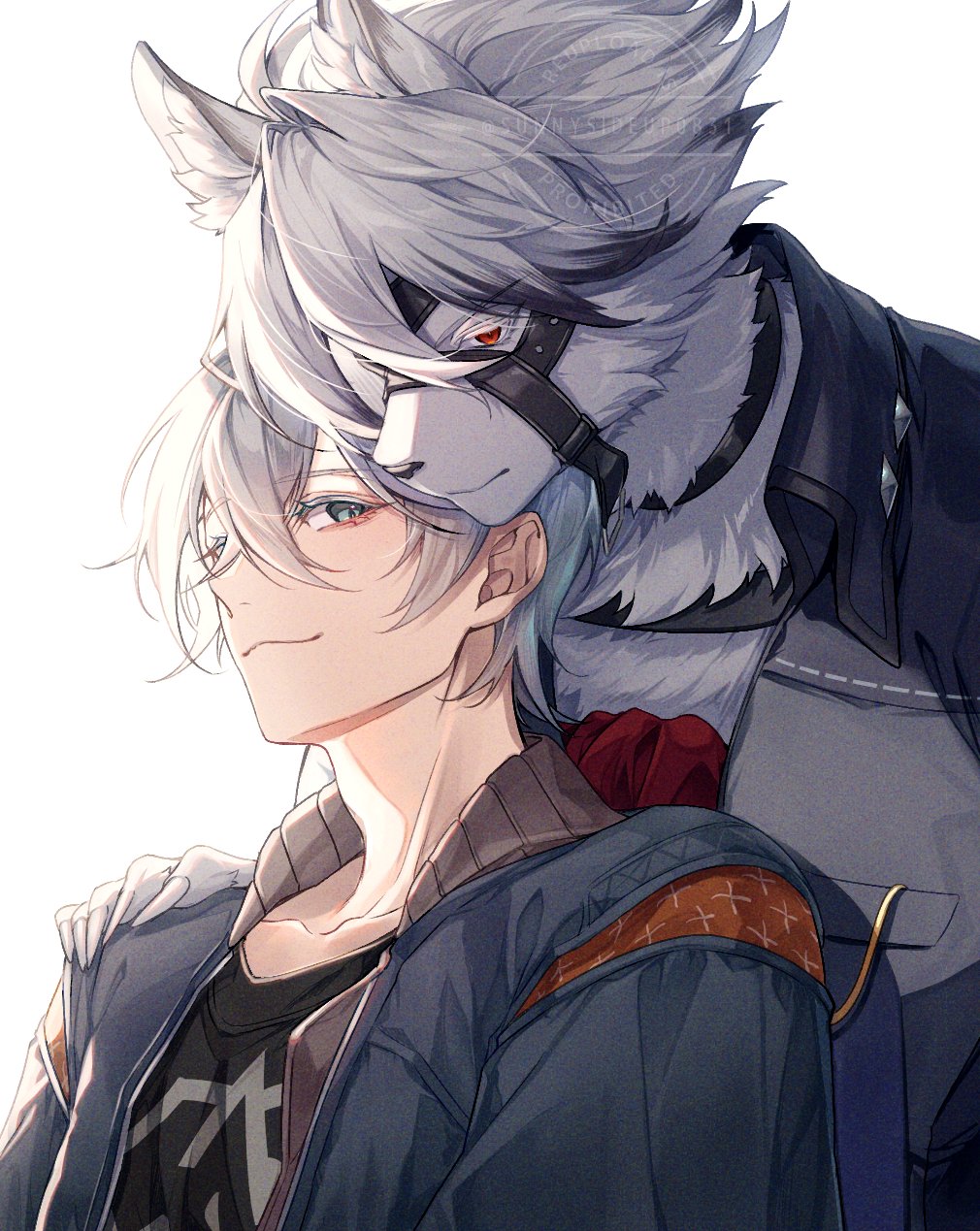 2boys, :3, animal_ear_fluff, animal_ears, artist_name, backlighting, black_choker, black_hair