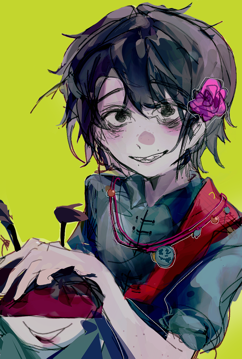 1boy, aqua_shirt, black_eyes, black_hair, chinese_commentary, collared_shirt, commentary_request, flower
