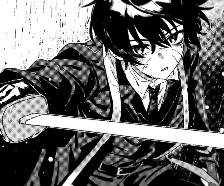 1boy, akantai, belt, blade_lineage_(identity)_(project_moon), coat, collared_shirt, greyscale, limbus_company