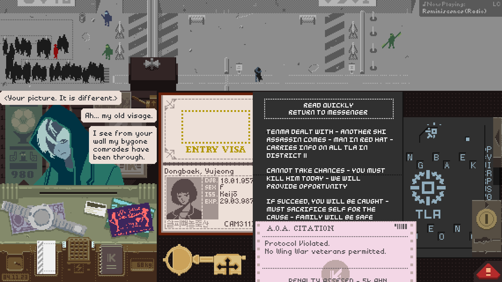 1girl, character_name, dongbaek_(project_moon), fake_screenshot, frown, gameplay_mechanics, highres, hood